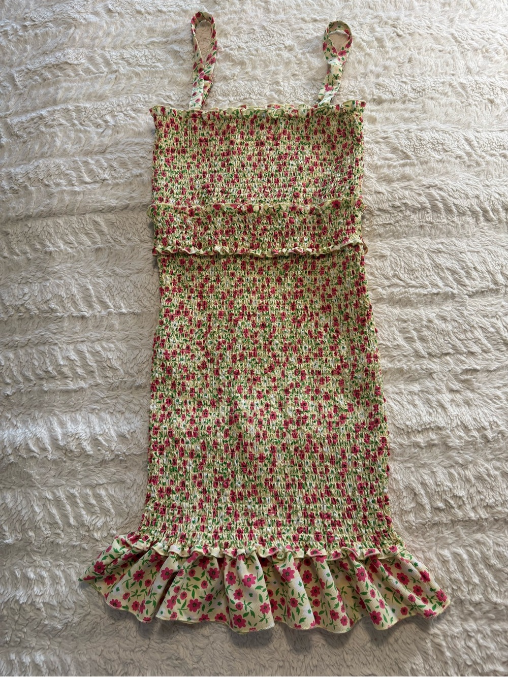 Love Tree Floral Smocked Bodycon Mini Dress Yellow Pink Ruffle Hem Large